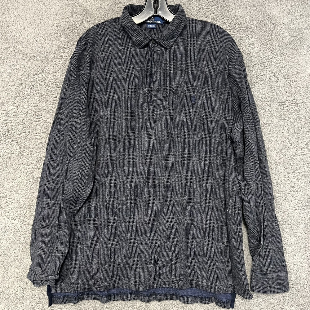 VTG Polo Ralph Lauren Shirt Men's Size L Blue Rugby Blue Pony Check Long Sleeve